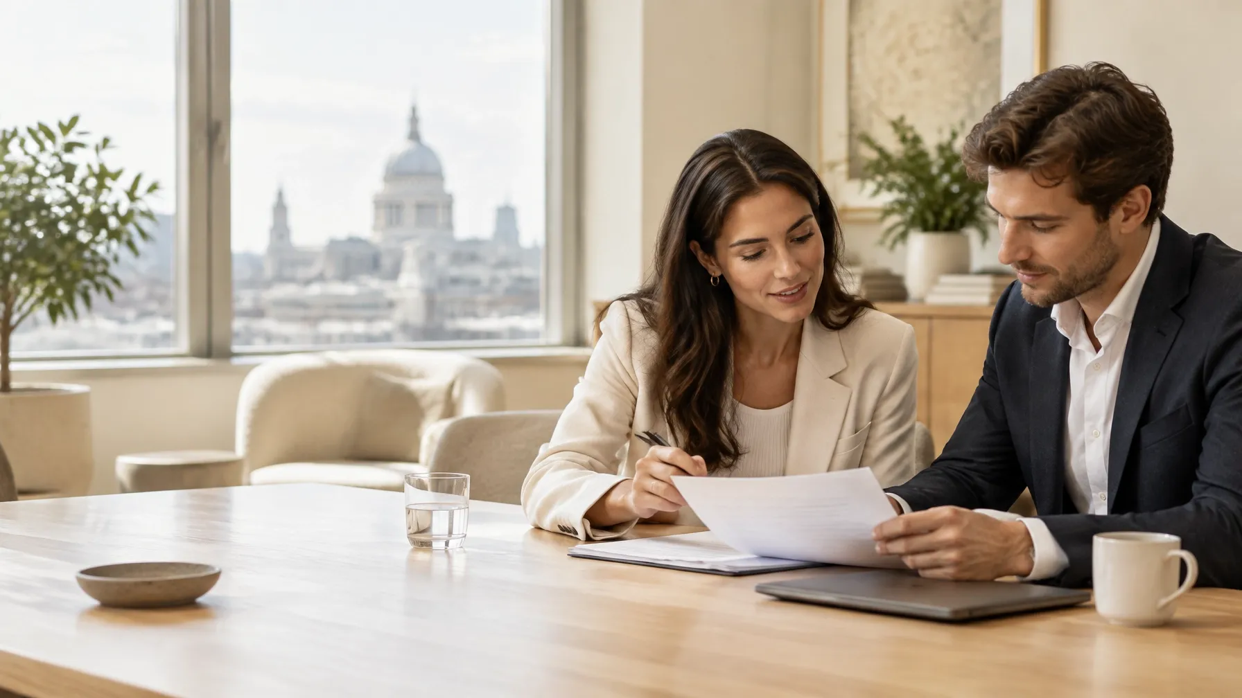 Business leaders working together around a table in a bright modern office
